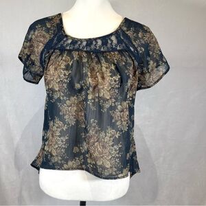 Navy and mocha lace detail semi sheer floral top size medium